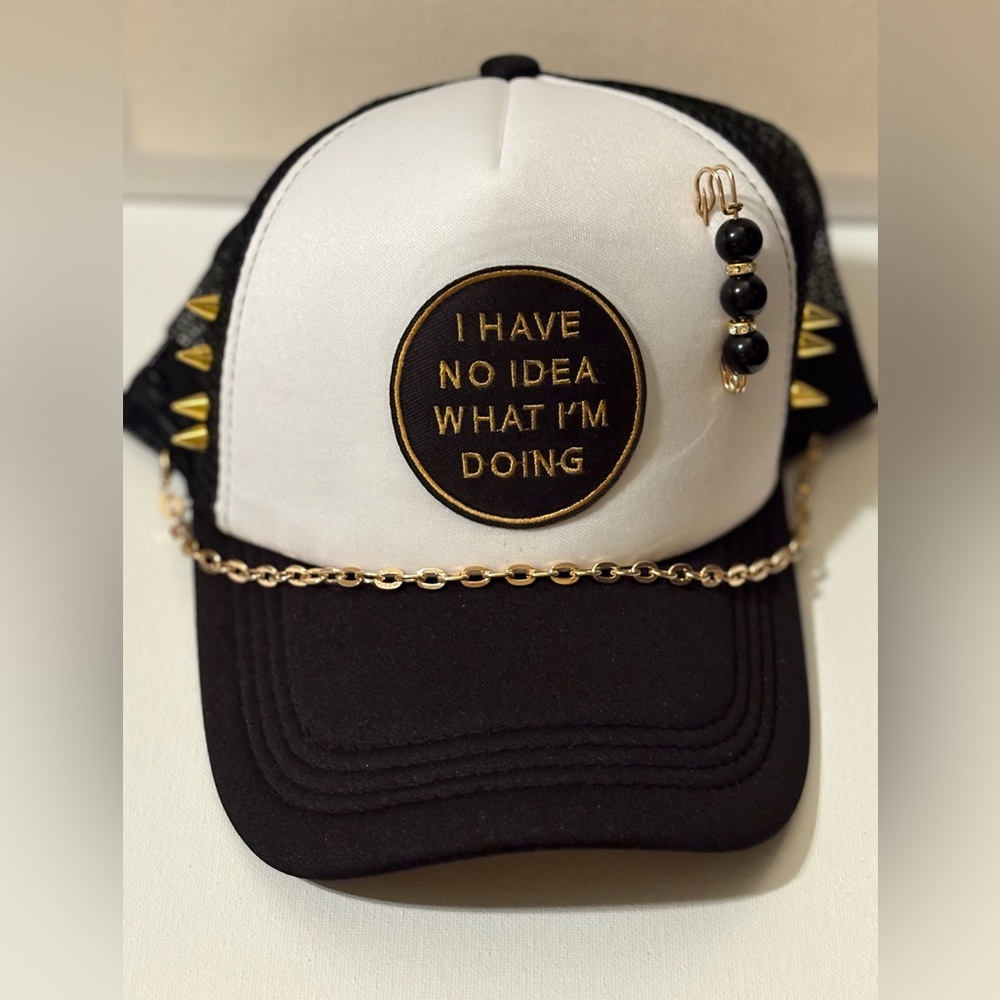 Custom made Trucker Hat Black and White Cap with Gold Accents